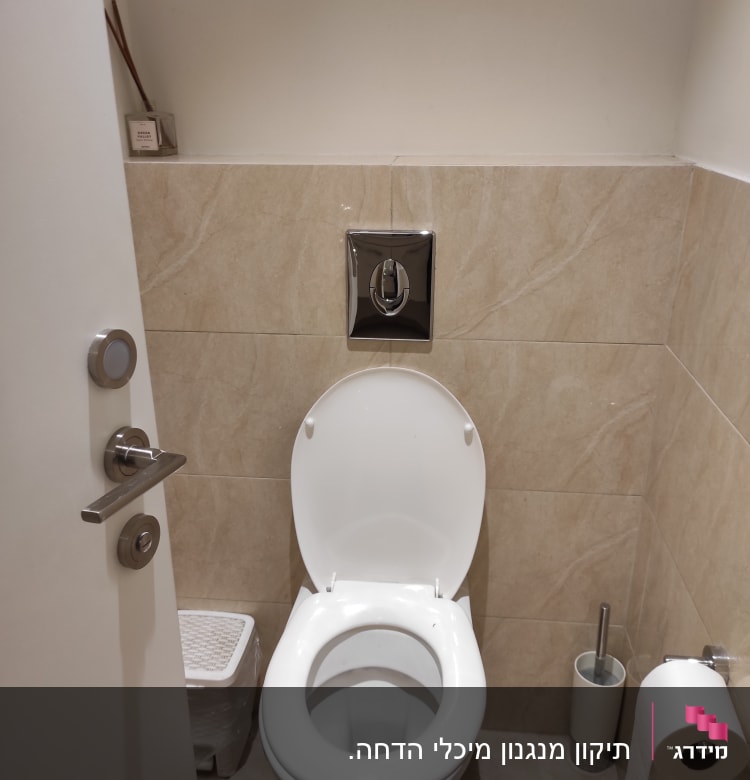אסלה עם מכסה פתוח, מברשת ניקוי ושירותים